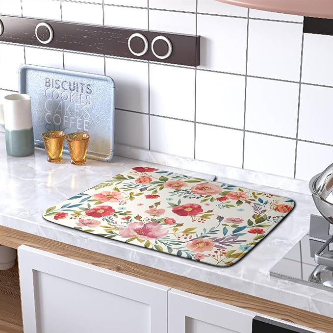 Floral Dish Drying Mat for Kitchen Counter Absorbent Microfiber Dishes Drying Pad Cute Flowers Dish Drainer Rack Mats Washable Coffee Sink Mat 16x18 Inch
