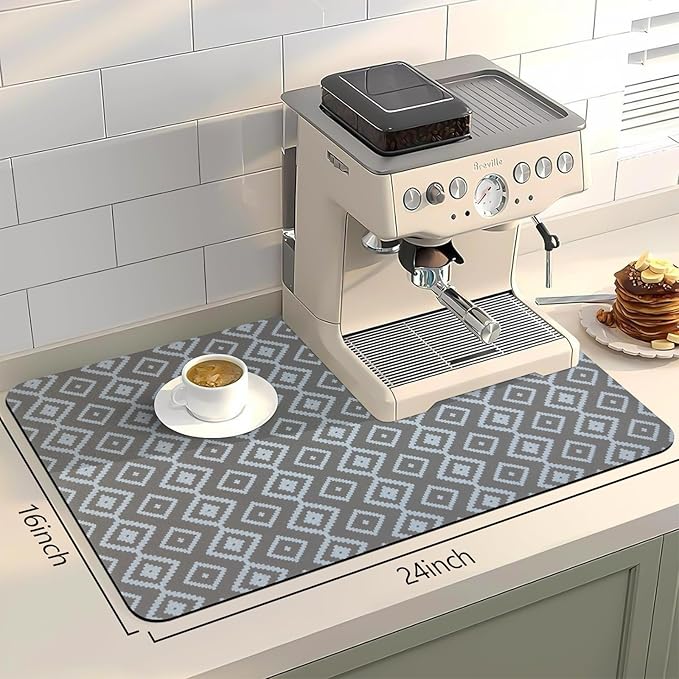 Bloss Dish Drying Mat, 2025 Multiple Usage Coffee Bar Mat, Kitchen Counter Mat, Absorbent Hide Stain Rubber Backed Dish Drying Pad(16.1"x24.1", Gray-White Plaid)