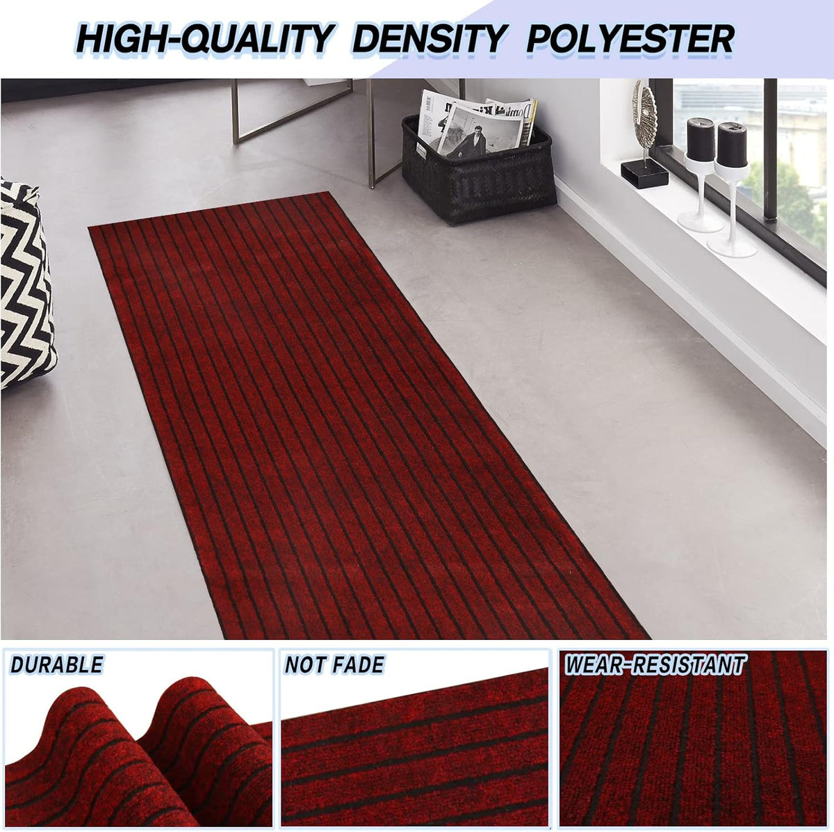 Custom Size Backed Non-Slip Area Rugs Runner, Easy Clean, Waterproof Runner Rugs for Hallway Entryway, Kitchen, Laundry, 4FT x 75FT, Red Stripe