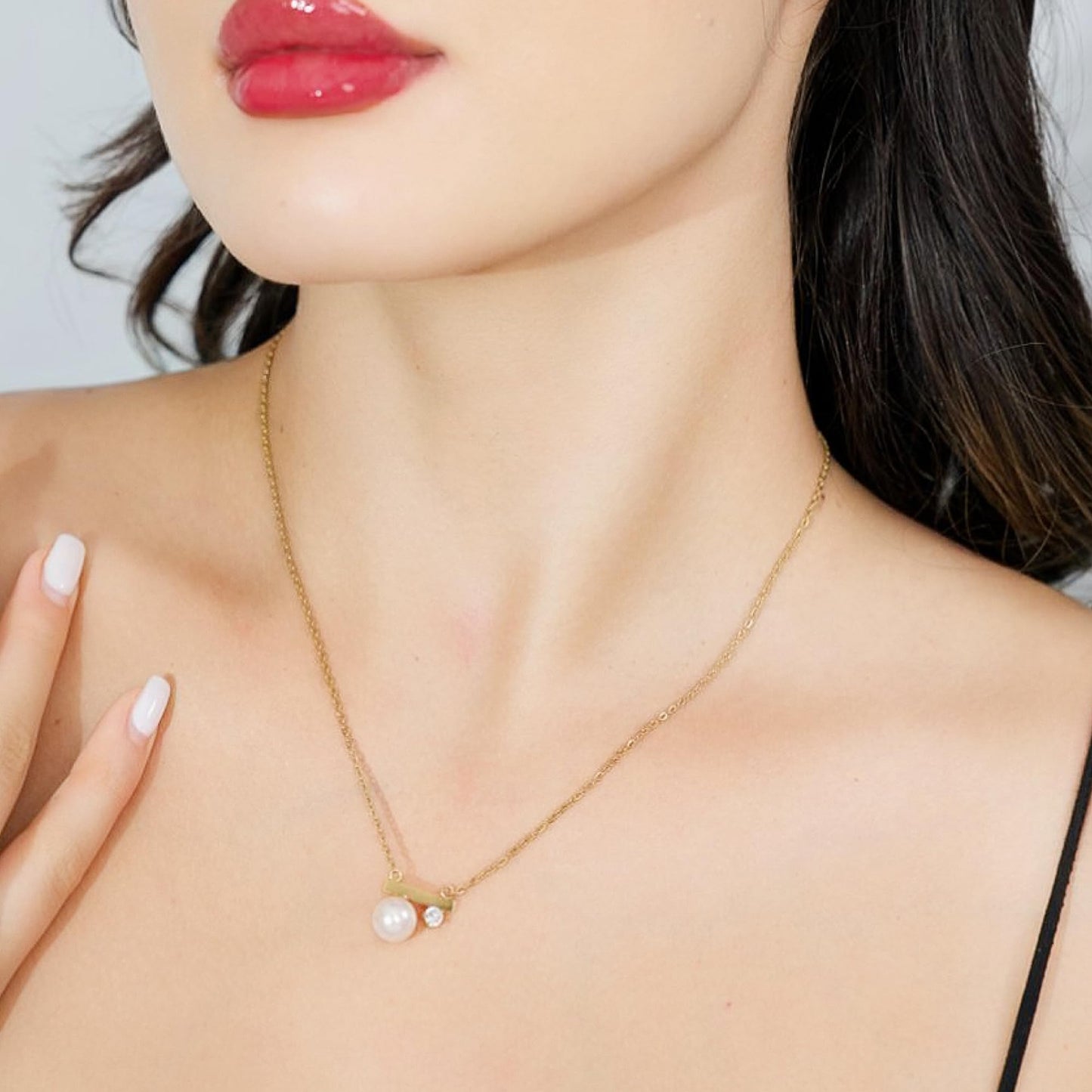 GLOSSET Gold Pearl Necklace and Earring Set, 18K Gold Plated Earrings and Necklace Set for Women, Dainty Freshwater Pearl and Cubic Zirconia Set Jewelry for Women Gift (Gold - Balance Bar)