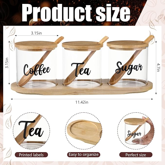 LemonRoad 3 Pack Coffee Sugar Tea Container Set Glass Jars with Bamboo Tray Decorative Container with Lid and Spoon Clear Condiment Jars Storage for Coffee Bar Drink Station Countertop Home Decor