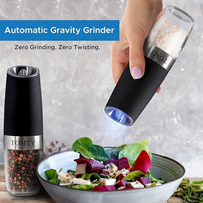 Gravity Electric Salt and Pepper Grinder Set White Elephant Gifts for Women Who Have Everything Grilling Men Kitchen Gadgets Housewarming Holiday Cooking Adults Idea Battery Operated Shakers Automatic