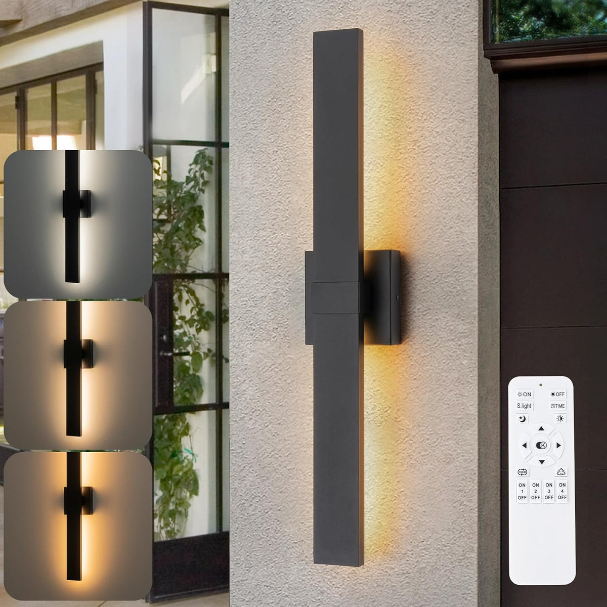 Modern Outdoor Wall Light 3CCT Dimmable LED Outdoor Sconce Lights with Remote Control(3000K 4000K 6000K), 27.2" Black Outside Light Fixtures for House Front Door Garage Porch & Patio