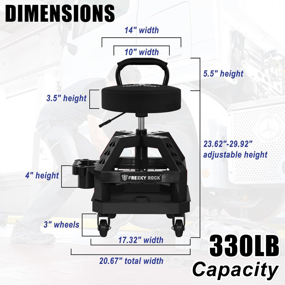 Rolling Shop Stool with Wheels, Heavy Duty Garage Work Mechanic Stool with Backrest, Adjustable Height 360°Swivel Rolling Chair with Tool Tray Storage, 330 LBS Capacity, Black
