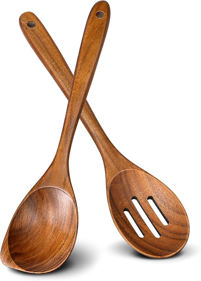 2Pcs Wooden Spoons for Cooking, Natural Premium Teak Wood Corner Spoon & Slotted Spoon, Good Grip Large Cooking Spoons Spatula, Heat Resistant Wooden Kitchen Cooking Utensils Set for Nonstick Cookware