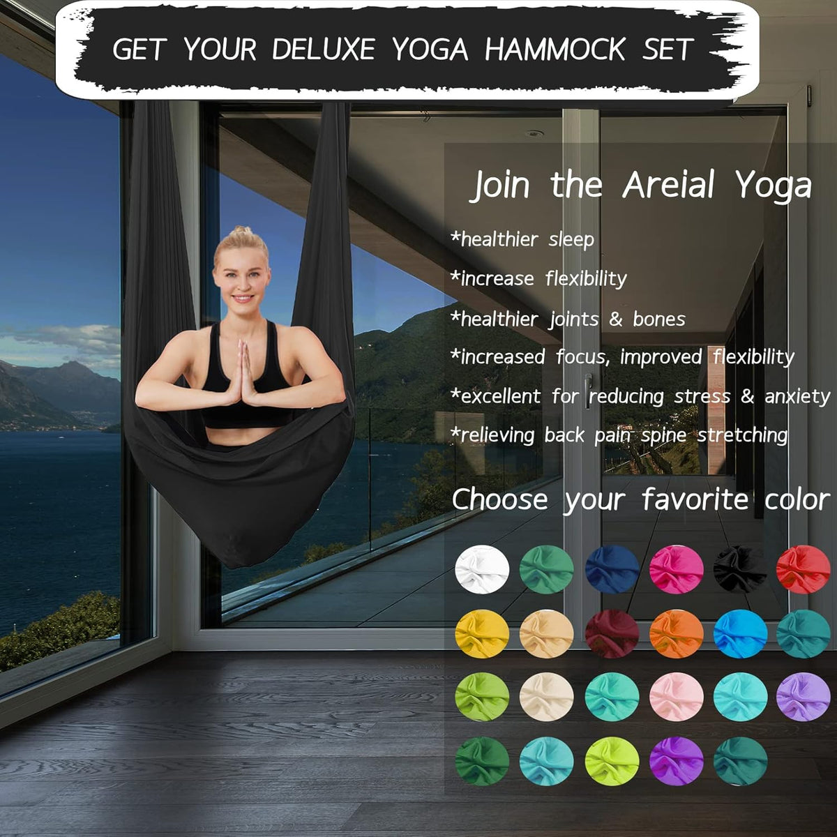5.5 Yards Aerial Silks Yoga Swing Set - Aerial Yoga Hammock Kit Anti-Gravity Flying for Fitness, Low/Non Stretch Nylon Tricot Fabric Hardware Included for Dance