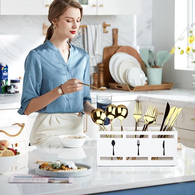 Wooden Silverware Cutlery Holder White Flatware Caddy Small Kitchen Utensil Holders for Party Wood Silverware Organizer Storage for Table Countertop Spoon and Fork Holder Utensils Caddy Basket