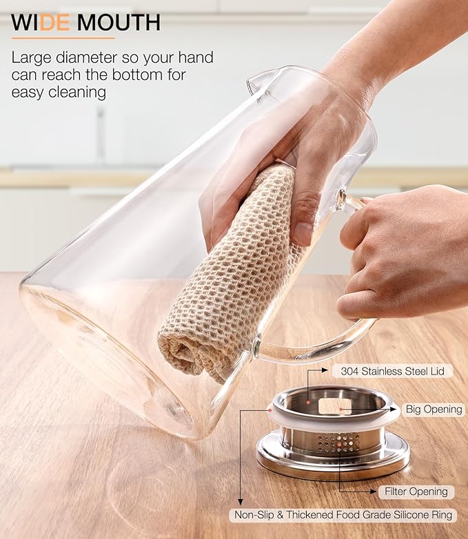 LUNA&MANTHA Glass Pitcher, 2 Liter 68oz Water Pitcher with lid and Handle, Large Ice Tea Jug for Fridge, Borosilicate Glass Carafe for Hot/Cold Drink, Juice, Coffee, Milk, Beverage