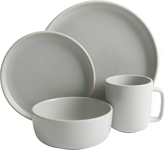 Gibson Home Zuma 16 Piece Round Kitchen Dinnerware Set, Dishes, Plates, Bowls, Mugs, Service for 4, Matte Stoneware, Light Grey