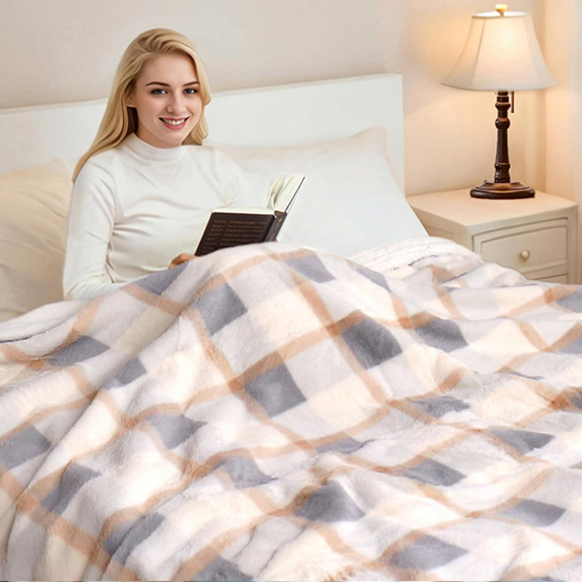 PU MEI Super Soft Faux Rabbit Fur Sherpa Fleece Throw Blanket, Reversible Luxury Cozy Cute Furry Blanket, Plush Warm Shaggy Fluffy Checkered Blankets for Sofa Couch Bed (Grey-Plaid, 80" x 90")
