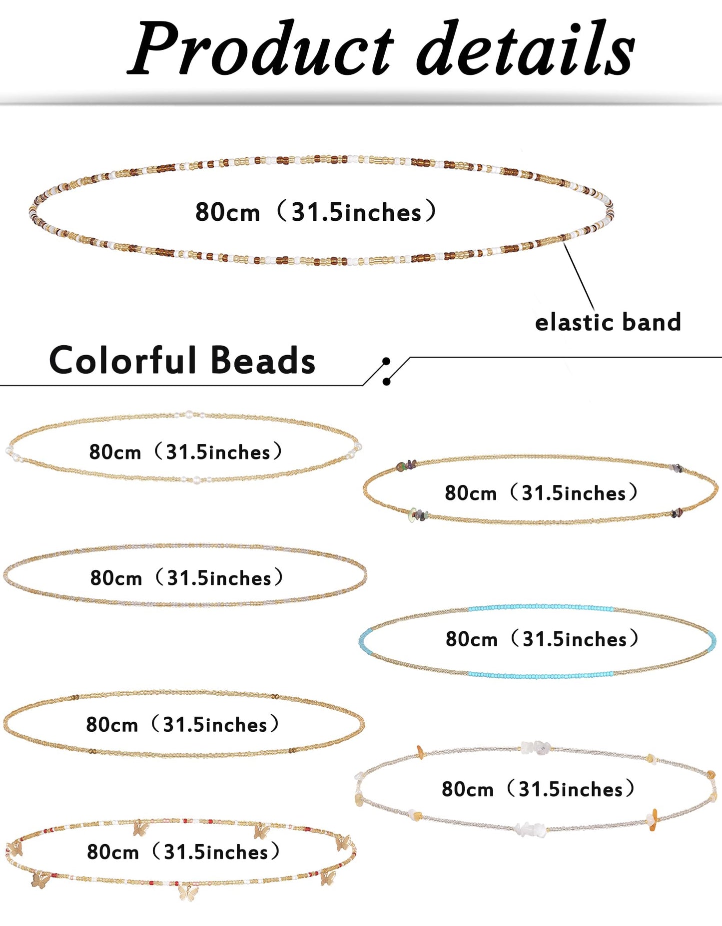 Tornito 8Pcs 31.5 Inches African Waist Bead Chain Elastic Belly Beads Butterfly Shell Layered Body Chain Colorful Jewelry Accessories for Women (F:8Pcs(Yellow))