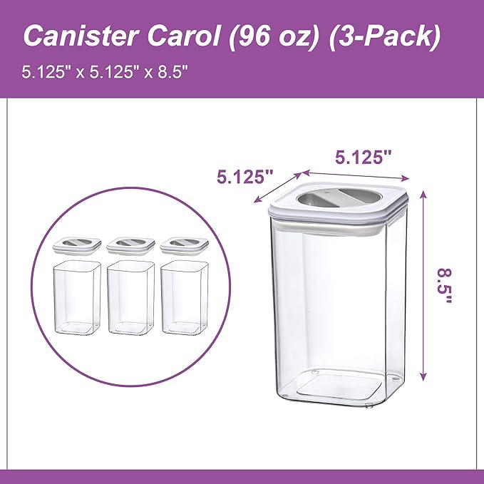 Amazing Abby - Carol - 96-Ounce Acrylic Canister (Set of 3), Plastic Airtight Food Container, Stackable for Pantry Storage, BPA-Free and Shatter-Proof, Perfect for Home and Commercial Use