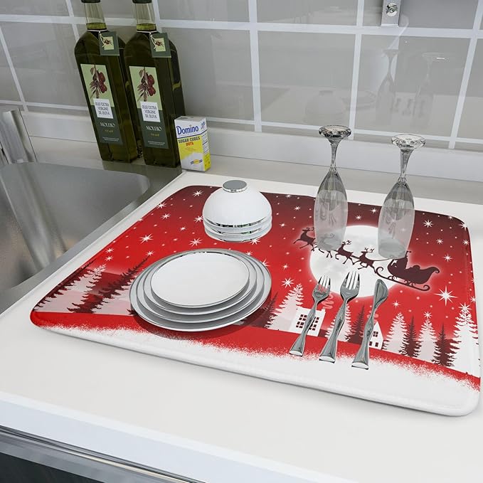 Christmas Reindeer Moon Star Red Dish Drying Mat for Kitchen Counter,White Xmas Tree Castle Drying Mat 18 x 24 Inch with Absorbent Reversible Microfiber Dish Drying Pad for Coffee Bar