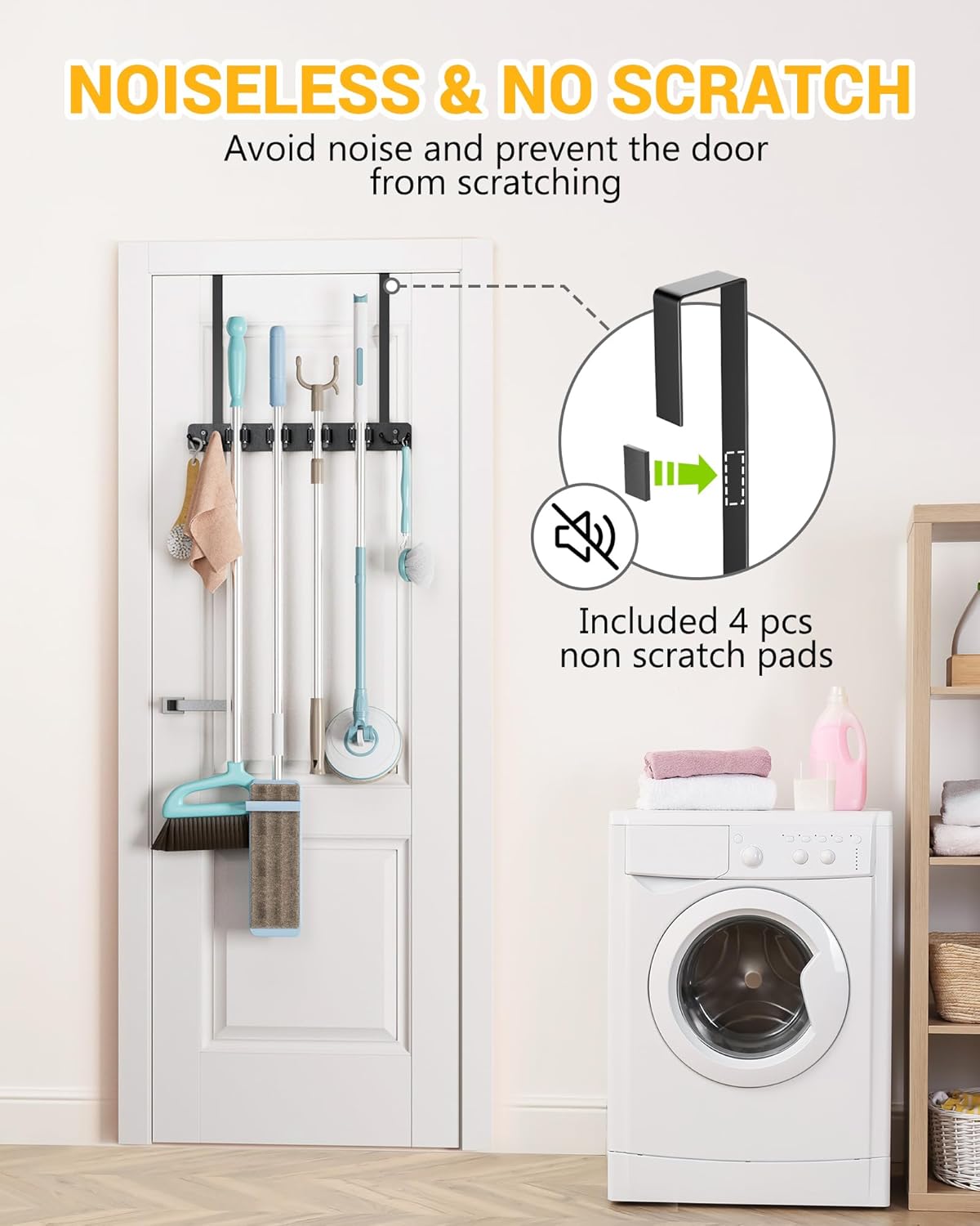 Lorbro Broom Holder Door Mount, Over the Door Broom and Mop Holder with 2 Over Door Hooks, Wood Broom Hanger, Tool Rack Organizer for Laundry, Garage, Closet, Kitchen Decor, 4 Slots & 4 Hooks Rustic
