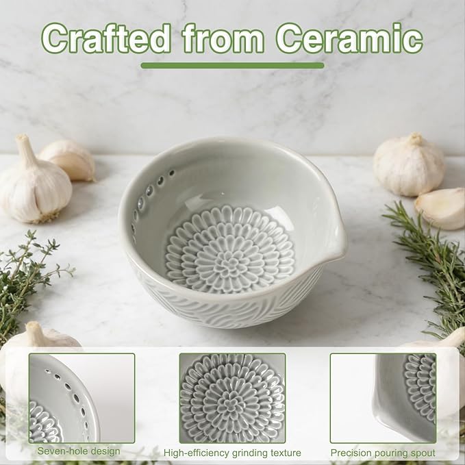 Ceramic Grater Bowl with Herb Stripper, 3 in 1 Handmade Ginger Grater Bowl, Garlic Grater Plate, Multi-Functional Kitchen Tools and Gadgets, for Garlic, Chocolate, Herbs, Etc