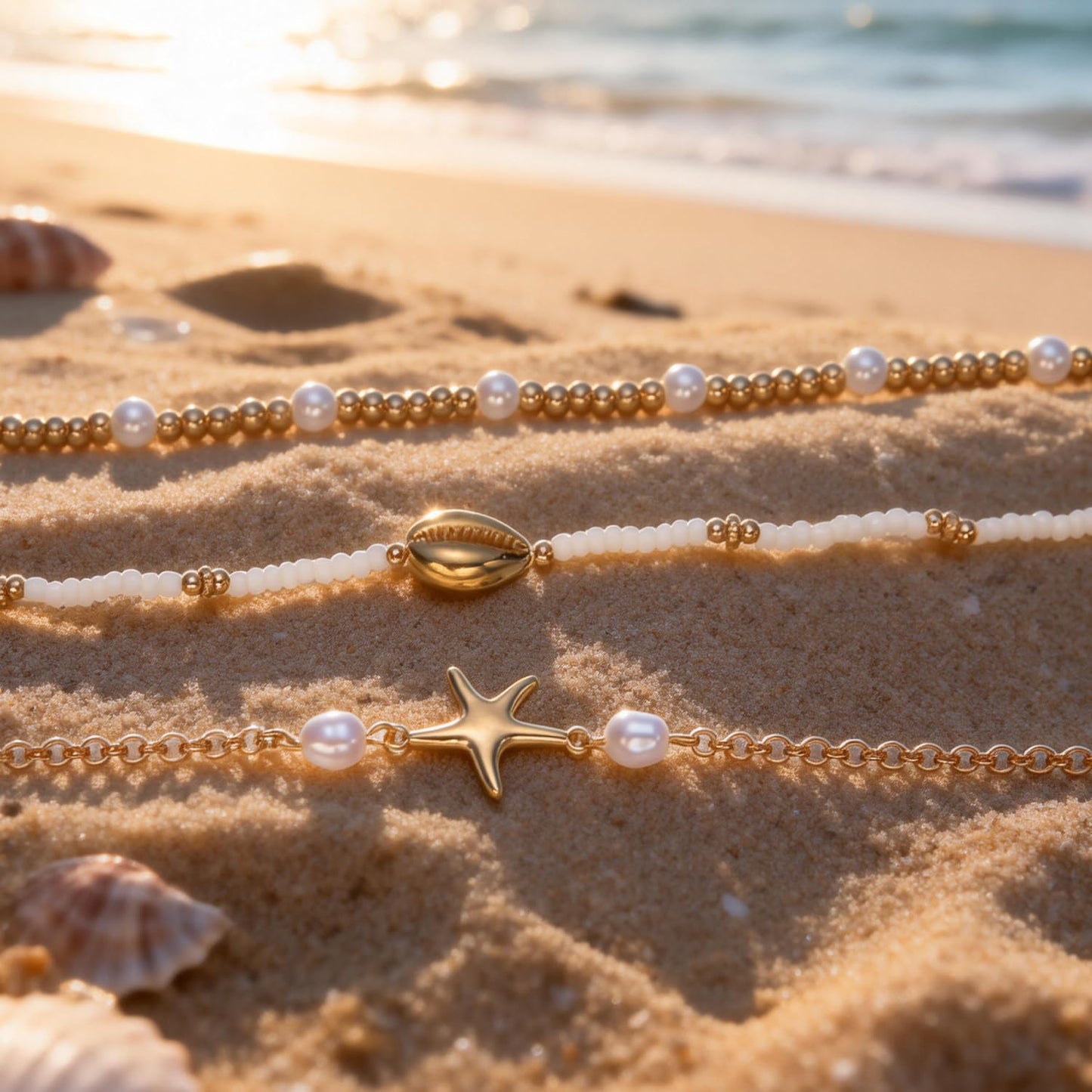 VOJO Starfish Seashell Necklace for Women, 3 Layers Stacked Summer Beach Necklaces, Colorful Polymer Clay Pearl Jewelry, 18K Gold Plated Tropical Hawaii Vacation Accessories, Tarnish Resistant Gifts (Pearl shell + starfish)