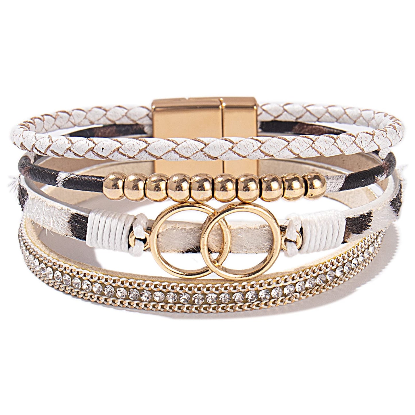 FANCY SHINY Boho Leather Wrap Bracelet Stackable Beaded Infinity Chunky Cuff Bracelets with Magnetic Clasp Western Hippie Outfits Jewelry Gifts for Women(White Leopard)