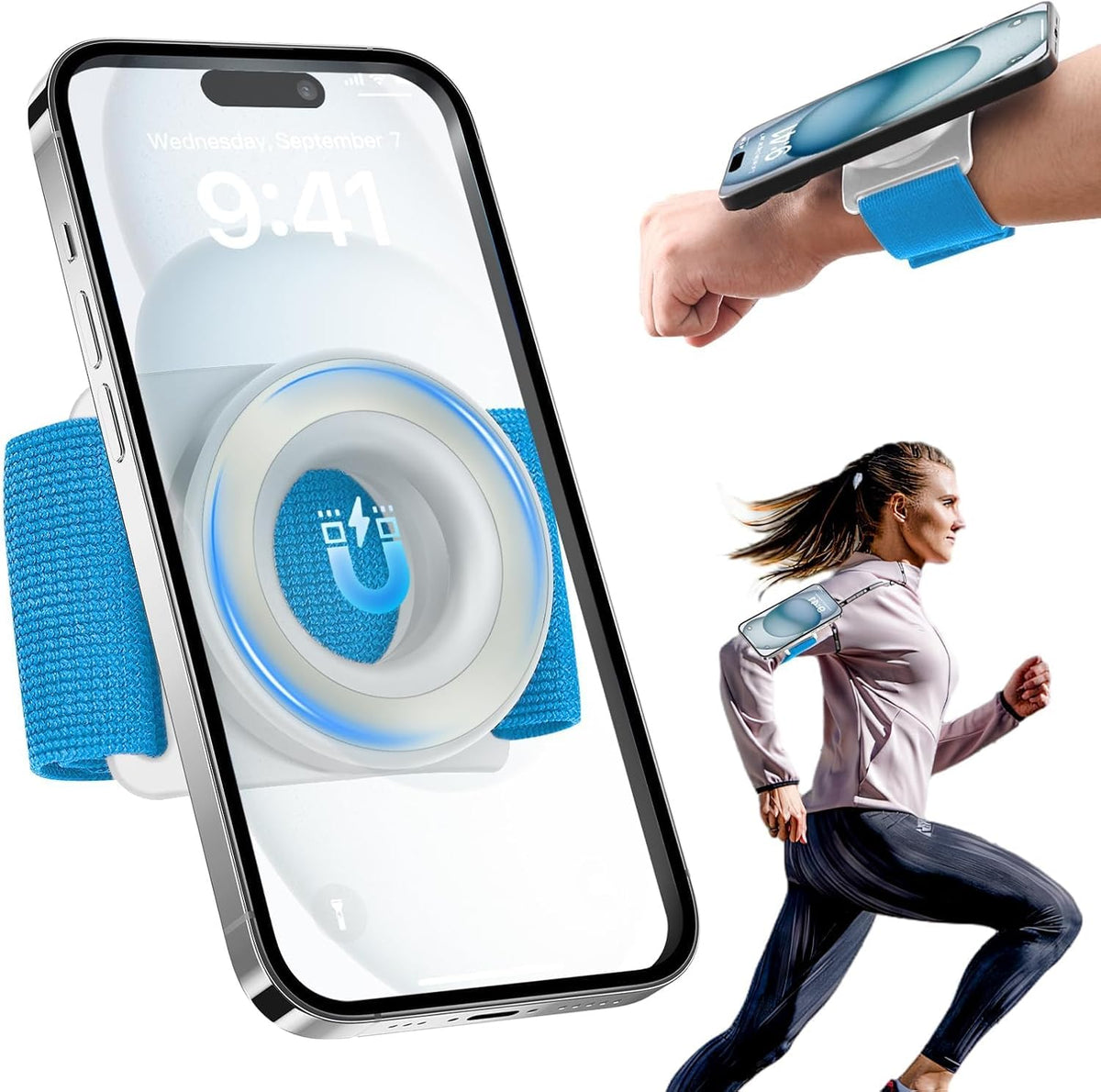 TOPGO Running Phone Holder for iPhone [360° Rotatable & Upgrade Anti-Drop] Magnetic Wrist Phone Holder, Armband Cell Phone Holder Compatible with magsafe iPhone 17 Pro Max and Android - Blue