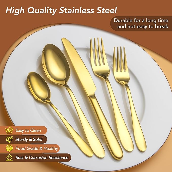 40 Piece Gold Silverware Set Service for 8, EIUBUIE Premium Stainless Steel Gold flatware Cutlery Sets, Mirror Polished Modern Kitchen Eating Utensils Sets Include Spoons Forks Knives