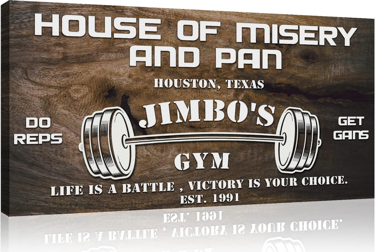 Tailored Canvases Personalized Gym Sign Wall Art Decor - Motivational Canvas for Home Gym, Workout Room, Garage, Fitness Center - Workout Inspirational Posters - House of Misery and Pain, Wooden 48x24in