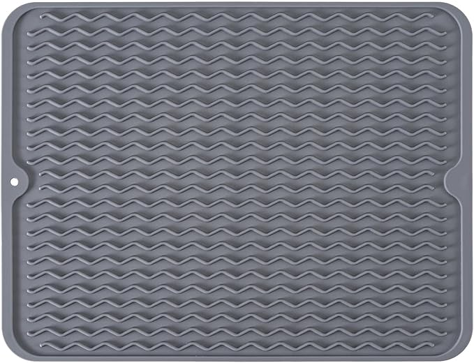 Large 14" x 11" Silicone Dish Drying Mat for Kitchen Counter, Easy clean, Quick Dry, Heat-resistant Dish Drainer Mat for Sink,Refrigerator or Drawer liner (Food Grade Silicone-Grey)