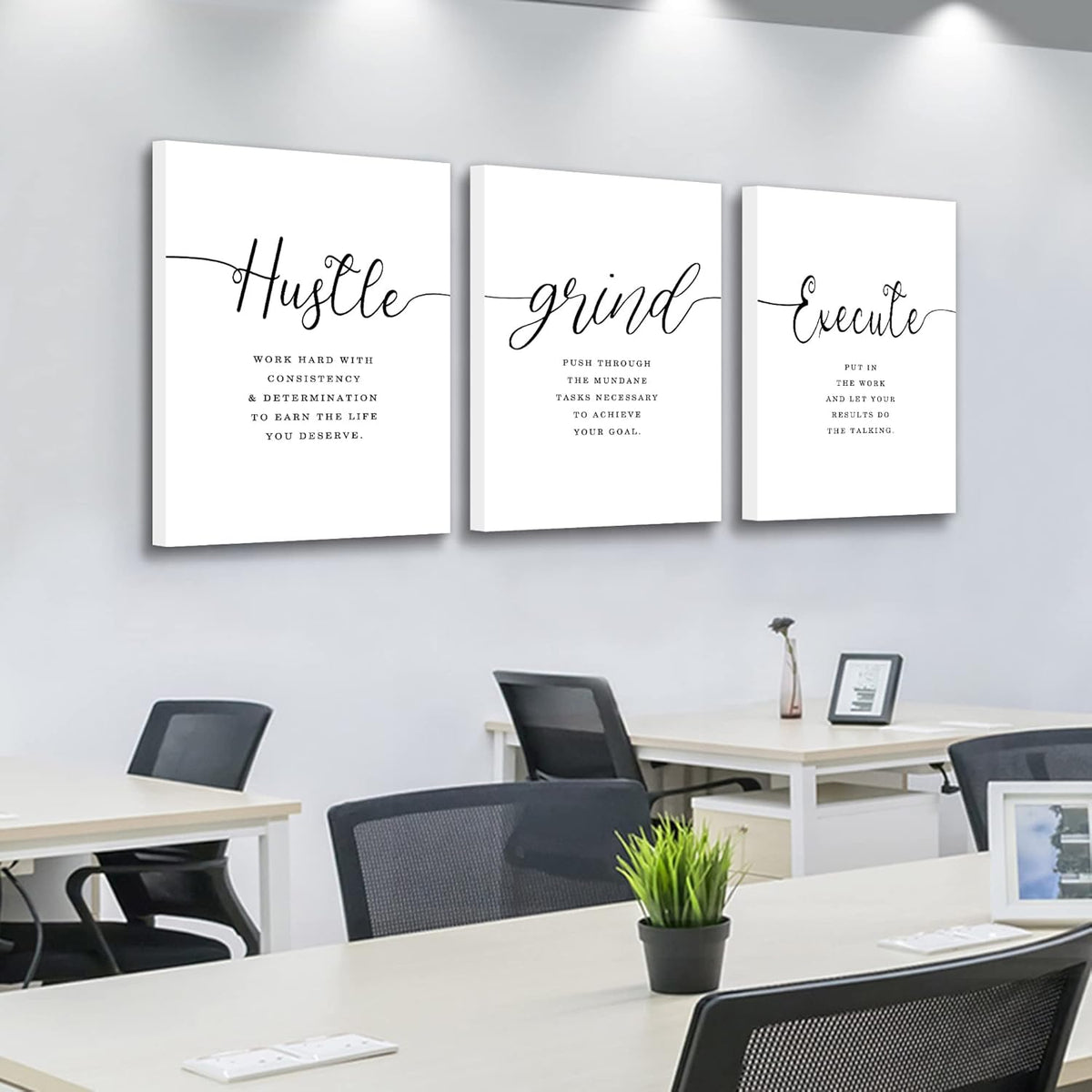 EPHANY Inspirational Wall Art - Large Office Wall Decor Painting, Hustle Grind Execute Quotes, office wall art,working room wall decor, gift for boss (H-3pcs,24x36inchx3pcs)