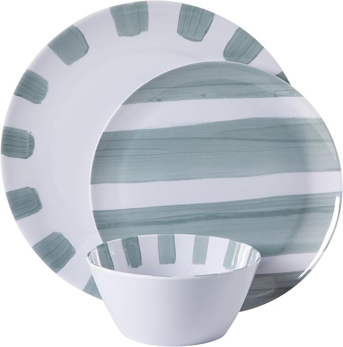 Gibson Home Cottage Stripes 12 Piece Unbreakable Melamine Plates and Bowls Dinnerware Set - Outdoor, Camping, & Everyday Use - Assorted Colors