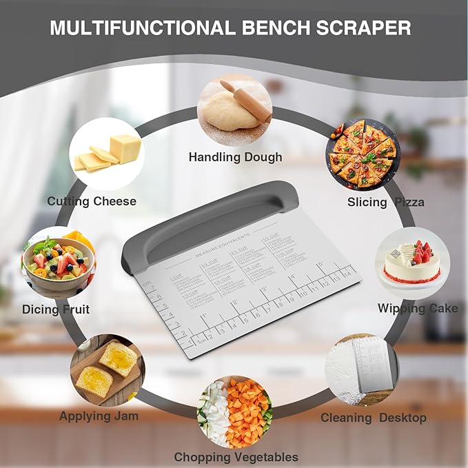 Bench Scraper Dough Cutter Tool - Bowl Pastry Scraper for Bread Cake Pizza, Bench Knife Kitchen Dough Scraper for Baking, Stainless Steel Food Scraper with Grip Handles & Measuring Scale, Grey, Gray