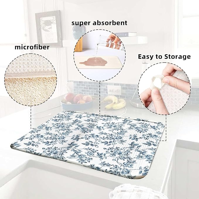 Floral Spring Large Dish Drying Mat for Kitchen Counter 18x24 Microfiber Absorbent - Foldable, Non-Slip, Compact Plant Leaves Kitchen XL Drying Mats for Dishes, Countertops, and Cookware