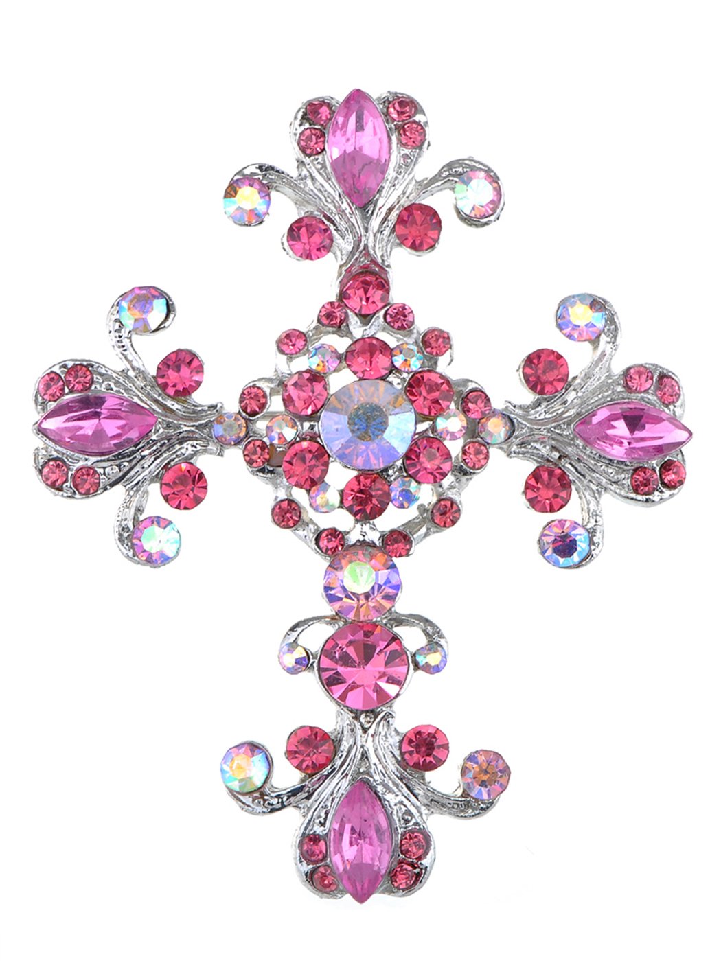 Alilang Victorian Pink Rose Crystal Rhinestone Flourish Floral Holy Cross Pin Brooch