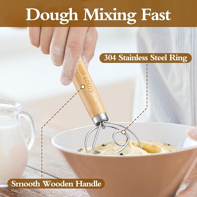 Pack of 2 Danish Dough Whisk, Kitchen Baking Flour Mixing Tool for Sourdough, Bread, Flour Paste, Butter, Pancake, Pizza, Cake, Pastry, Biscuits, Wooden Handle Stainless Steel Ring