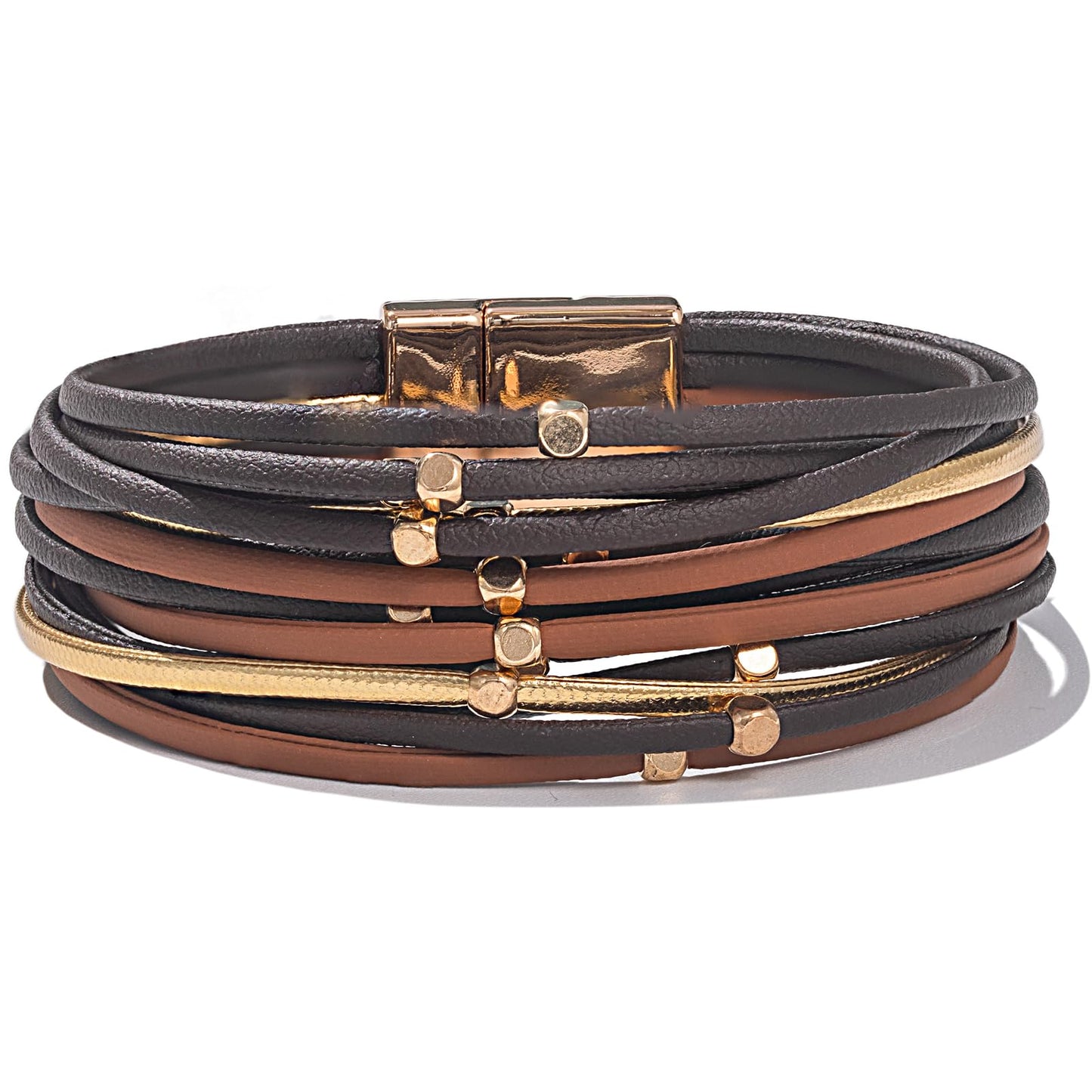 FANCY SHINY Beaded Leather Wrap Bracelets Cute Boho Stackable Bangle Cuff with Magnetic Clasp Layered Trendy Jewelry for Women(Brown)