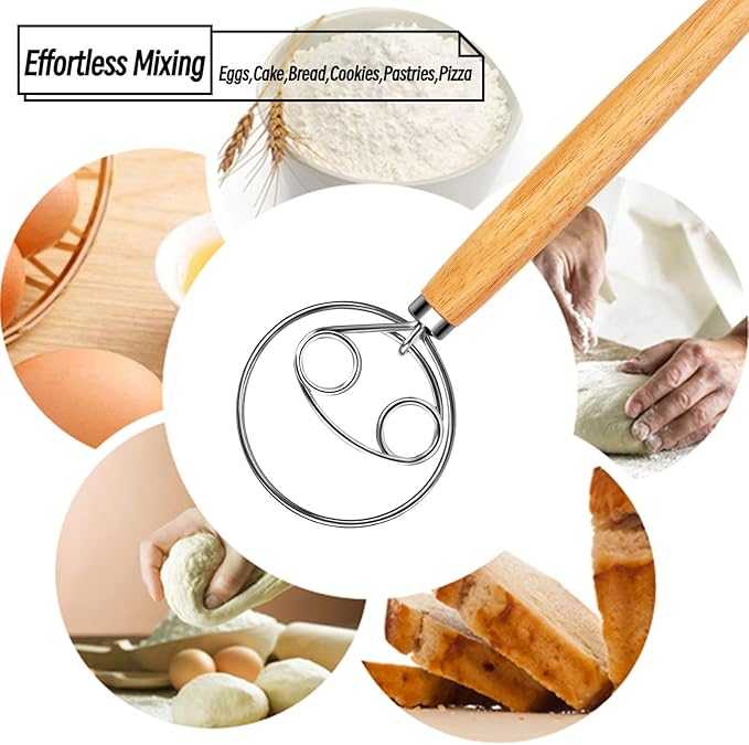 Danish Dough Whisk Stainless Steel Wooden Handle for Sourdough Bread Pizza and Pastry Making