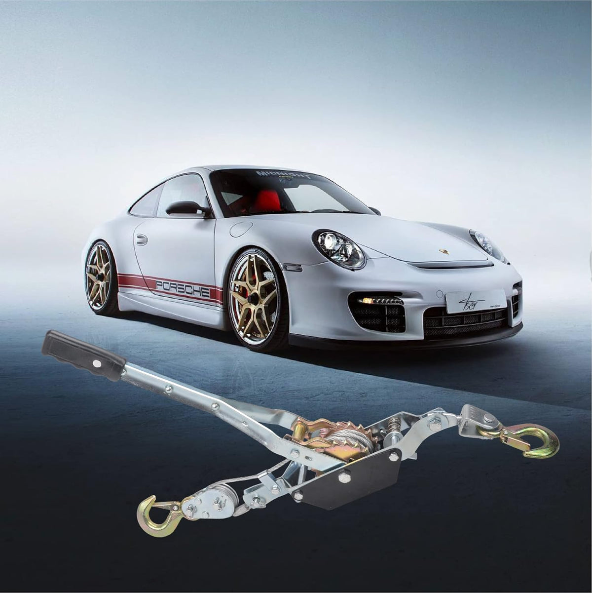 4 Ton Heavy Duty 2 Hook Steel Cable Dual Gear Power Puller Come Along Chain Winch Ratchet Tool, Automotive Hoist Hand Winch Cable Puller Stretcher Lift