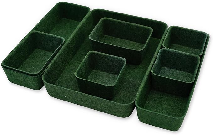 Welaxy Desk drawer organizer bins shallow trays felt storage desktop box for jewelry watches office supplies makeup small key holder minimalism 8-piece (Forest Green)