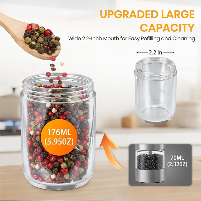 Rechargeable Gravity Electric Salt Grinder Set with Variable Grinding Speed, External Adjustable Coarseness, External Adjustable Coarseness, Charging Base and White LED Light,Black