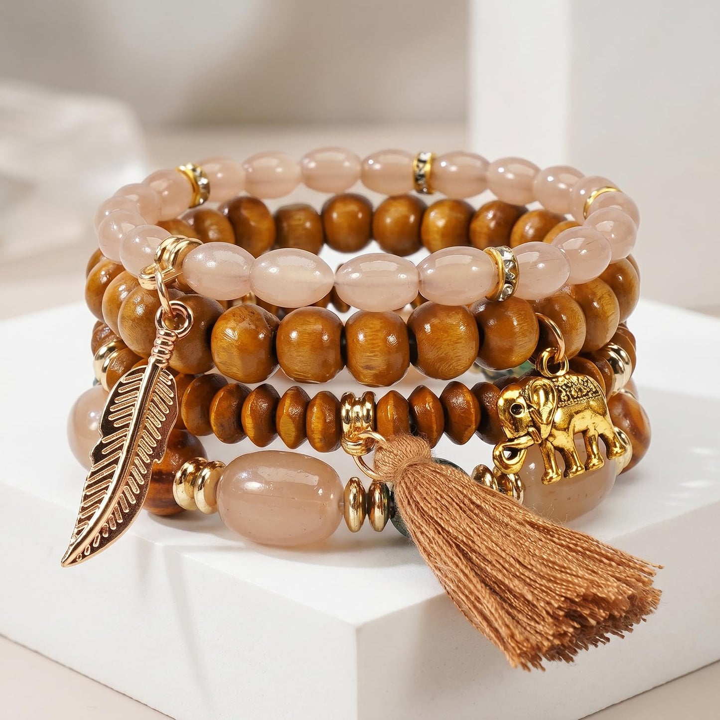 Briutn Bohemian Stackable Bracelets Boho Wood Beaded Tassel Charm Bracelet for Women Jewelry