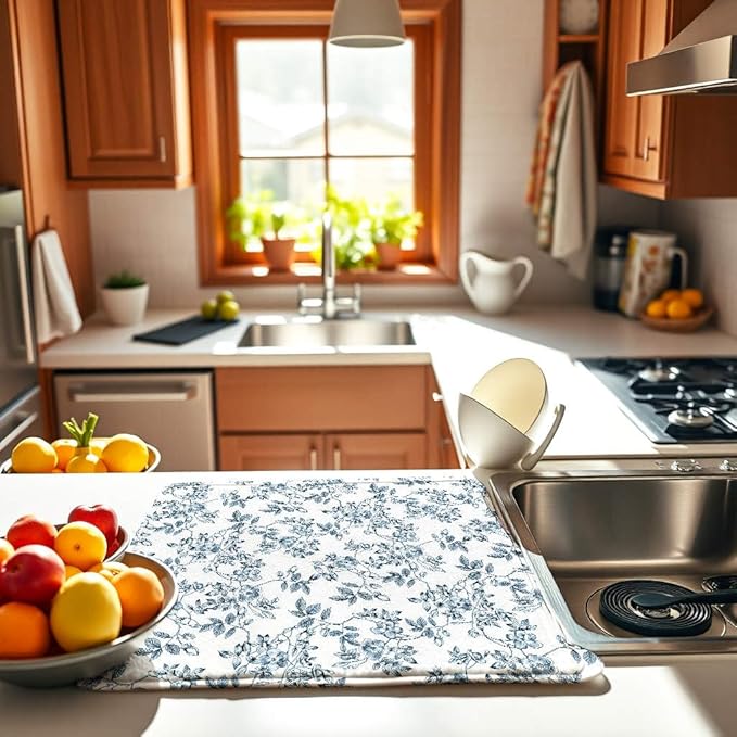 Floral Spring Large Dish Drying Mat for Kitchen Counter 18x24 Microfiber Absorbent - Foldable, Non-Slip, Compact Plant Leaves Kitchen XL Drying Mats for Dishes, Countertops, and Cookware
