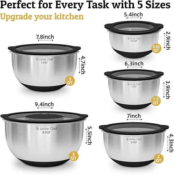 Mixing Bowls with Lids Set - Non-Slip, Airtight Warp-Proof TPR-AS Lids, Thicker Stainless Steel Bowls, Measurement Lines & 3 Graters, Prep Meal Bowl, Black Nesting Bowl for Kitchen, 5/3/2/1.5/0.63QT