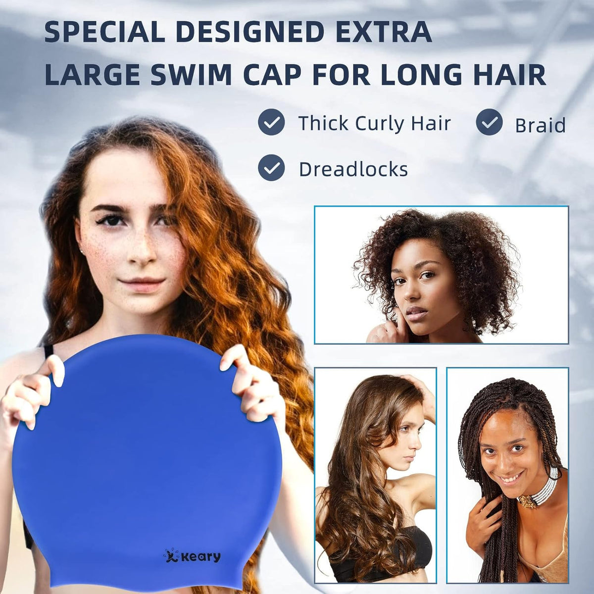 Keary Extra Large Swim Cap for Braids and Dreadlocks Extensions Weaves Long Hair, Waterproof Silicone Cover Ear Bath Pool Shower Swimming Cap for Adult Youth to Keep Hair Dry, Easy to Put On and Off