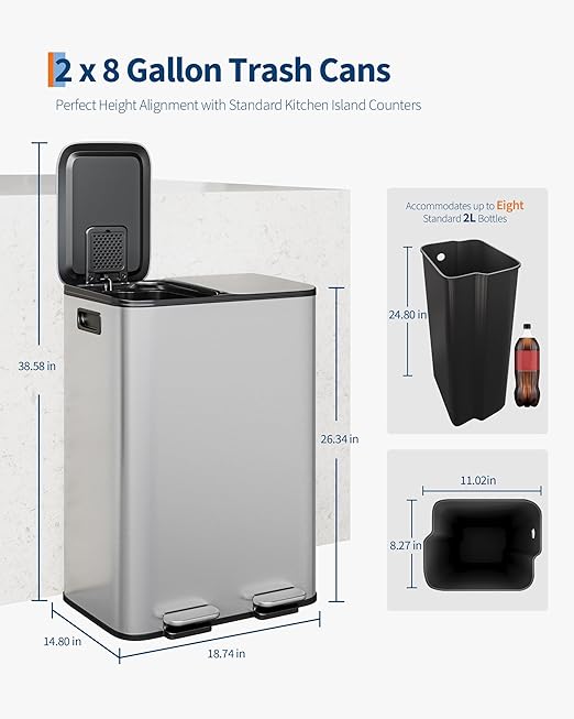 Garvee Double Trash Can, 2 x 8 gal (2 x 30 L) Garbage Can for Kitchen Dual Compartment Recycling Kitchen Step Trash Bin, Stainless Steel Trash and Recycle Bin Combo with Soft-Close Lid,Silver