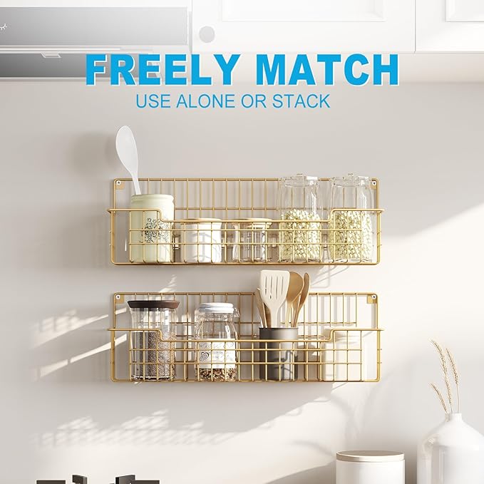 Spice Rack, 4-Pack Seasoning Organizer Wall Mounted for Kitchen Storage Organization, Metal Spice Holder Shelf for Cabinet, Pantry, Gold