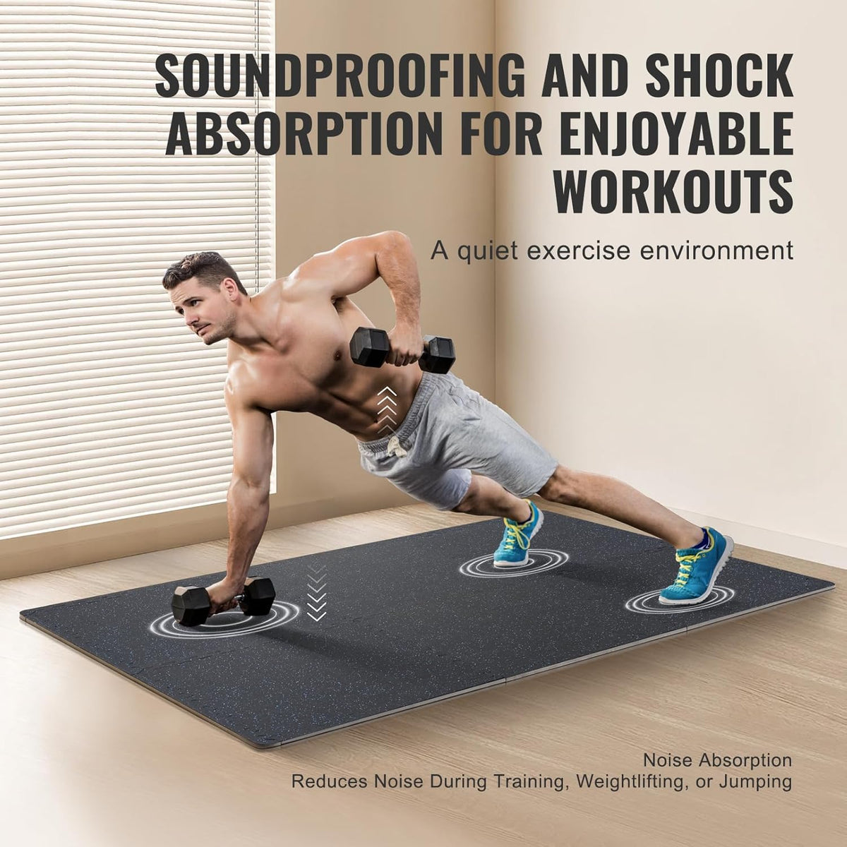VEVOR 0.56 Inch Thick Gym Floor Tiles, 25 Tiles Rubber Top with EVA Foam, 25" x 25" Gym Flooring Workout Mats with 100sq.ft Coverage, Interlocking Puzzle Gym Mats for Gym, Home, Garage, Black & Blue