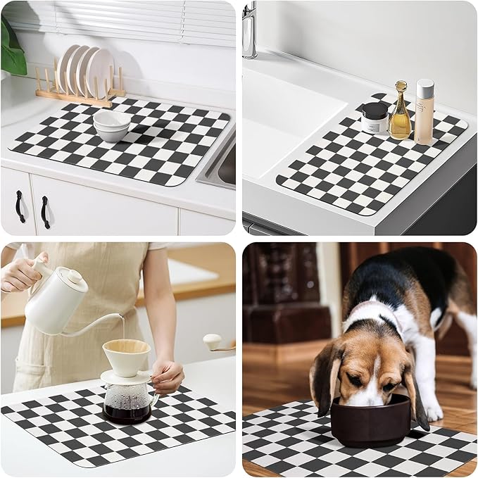 CooRug Checkered Dish Drying Mat for Kitchen Counter, Absorbent Non-Slip Coffee Mat, Heat Resistant Mat for Countertops Coffee Bar Decor 17" x 32" Black