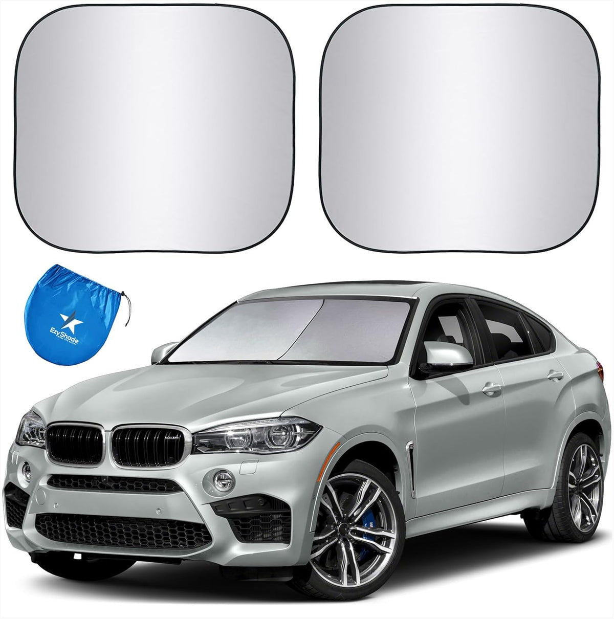 EzyShade Windshield Sun Shade with Shield-X Reflective Technology. See Size-Chart with Your Vehicle. Foldable 2-Piece Car Sunshades Reflect UV Sun and Heat and Protect Your Car. Standard (Medium) Size
