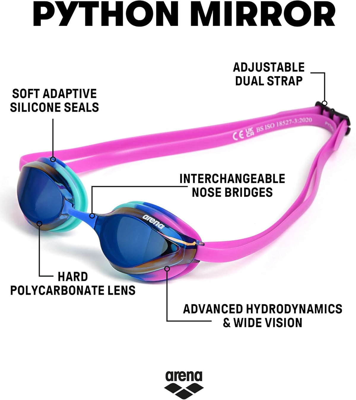 ARENA Unisex Python Racing Swim Goggles for Men and Women Anti-Fog No Leak Max Comfort Dual Strap, Mirror/Non-Mirror Lens
