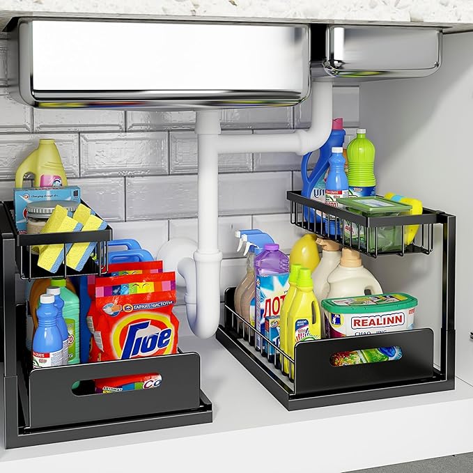 REALINN Under Sink Organizer, L-Shaped 2 Tier Pull Out Cabinet Organizer for Kitchen and Bathroom, Slide Out Under Cabinet Storage, Metal Under Sink Storage with Sliding Drawer, 50 lbs, Black 2 Pack