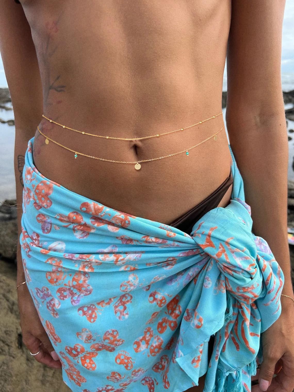MFRYK 2PCS 14K Gold Plated Waist Chain Layered Satellite Boho Green Beaded Belly Body Chain Boho Beach Waist Chains For Women Adjustable Waterproof Sexy Bikini Body Chain Jewelry For Women