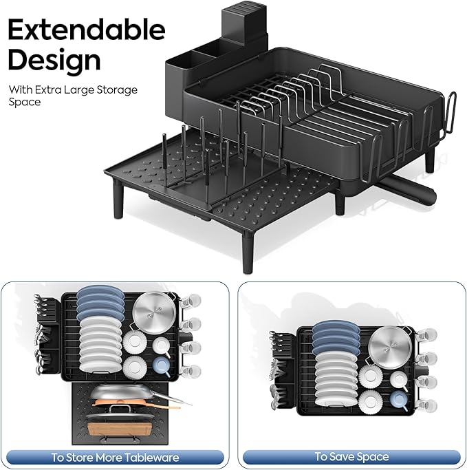 Expandable Dish Rack with Drainboard - Stainless Steel Dish Drainer with Removable Cutlery Tray, Foldable Cup Holder, Elevated Feet, Multifunctional Drainboard for Sink Countertop Kitchen Storage