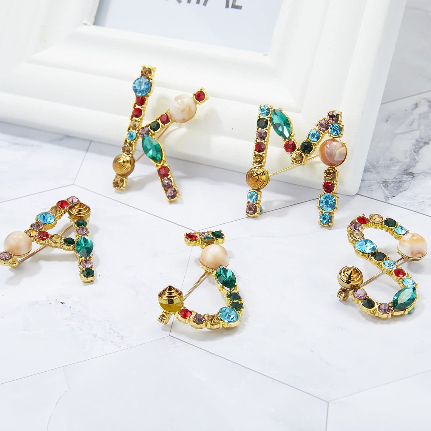 RINHOO Crystal Pearl Initial Brooch Gold Plated Enamel Colorful Letter Alphabet Breastpin Pin Jewelry for GIFTS (Gold J)